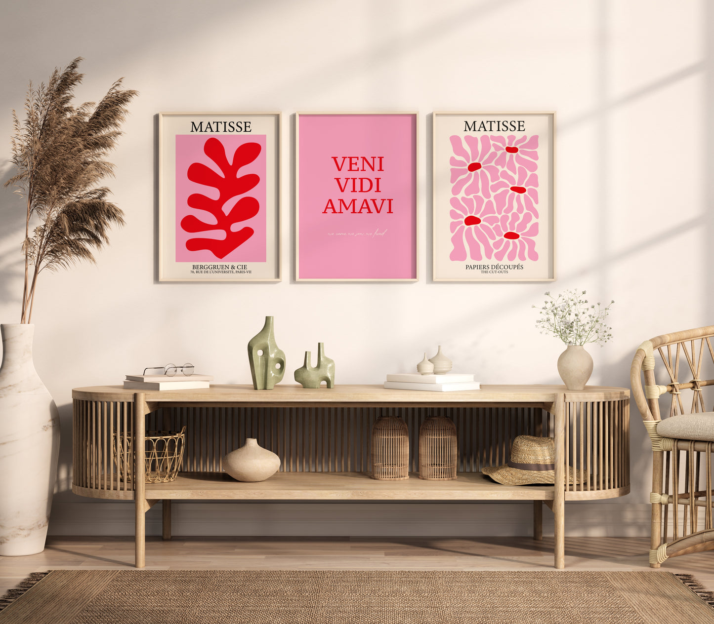 Gallery Wall Art Set of 3, Henri Matisse Flower Market & Veni Vidi Amavi Posters, Aesthetic Pink Red Decor, Printable Art Bundle, Trendy Set