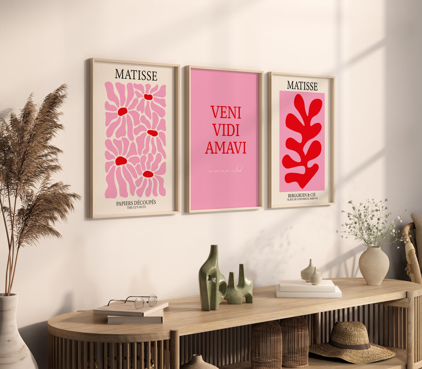 Gallery Wall Art Set of 3, Henri Matisse Flower Market & Veni Vidi Amavi Posters, Aesthetic Pink Red Decor, Printable Art Bundle, Trendy Set