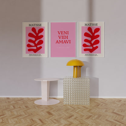 Gallery Wall Art Set of 3, Henri Matisse Flower Market & Veni Vidi Amavi Posters, Aesthetic Pink Red Decor, Printable Art Bundle, Trendy Set