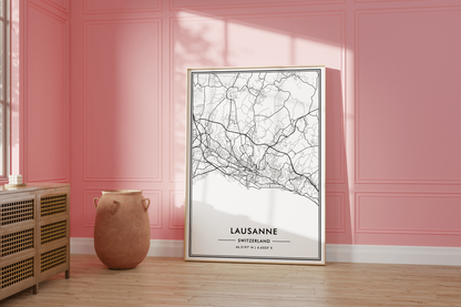 Lausanne Switzerland City Map Wall Art, Contemporary Black and White Print for Home & Office, Modern Minimalist Decor, Swiss Travel Poster 