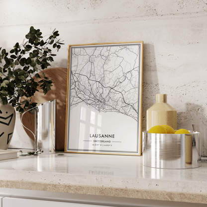 Lausanne Switzerland City Map Wall Art, Contemporary Black and White Print for Home & Office, Modern Minimalist Decor, Swiss Travel Poster 