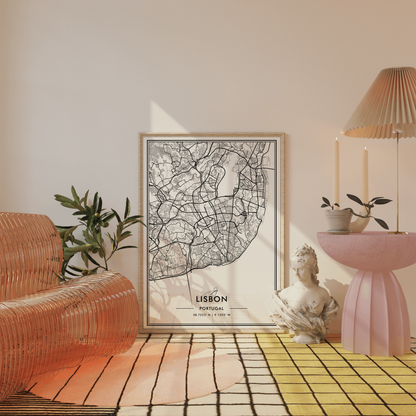Lisbon Portugal City Map Wall Art, Contemporary Black and White Poster, Aesthetic Home & Office Decor, Modern Travel Print