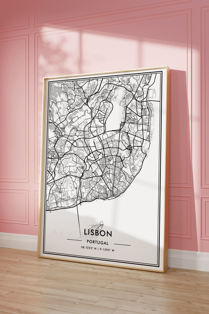 Lisbon Portugal City Map Wall Art, Contemporary Black and White Poster, Aesthetic Home & Office Decor, Modern Travel Print
