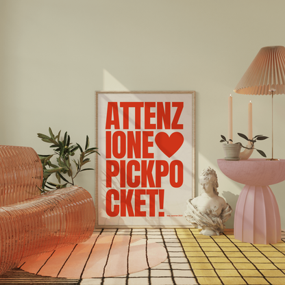 Attenzione Pickpocket Wall Art, Trendy Viral Quote Poster, Bold Red Typography, Funny Printable