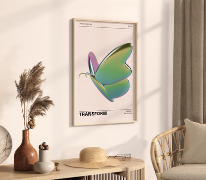Metallic Butterfly Wall Art, Green Purple Chrome Holographic Poster, Funky Room Decor, Abstract Illustration, Trendy Aesthetic Museum Print