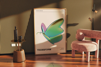 Metallic Butterfly Wall Art, Green Purple Chrome Holographic Poster, Funky Room Decor, Abstract Illustration, Trendy Aesthetic Museum Print