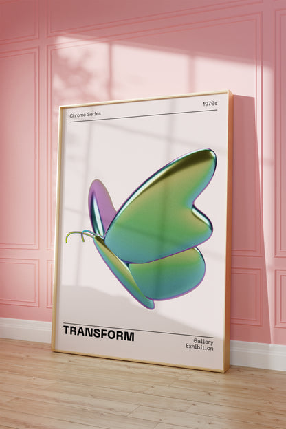 Metallic Butterfly Wall Art, Green Purple Chrome Holographic Poster, Funky Room Decor, Abstract Illustration, Trendy Aesthetic Museum Print