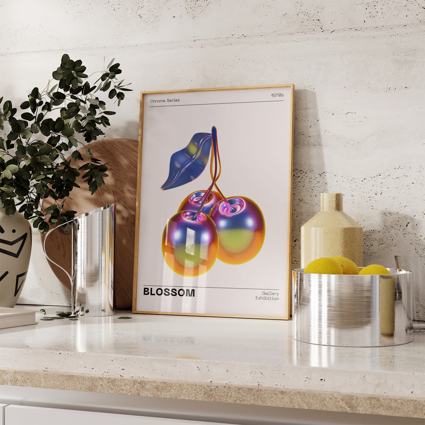 Metallic Cherry Wall Art, Vibrant Chrome Holographic Poster, Funky Home Decor, Modern Minimalistic Illustration, Trendy Aesthetic Gallery