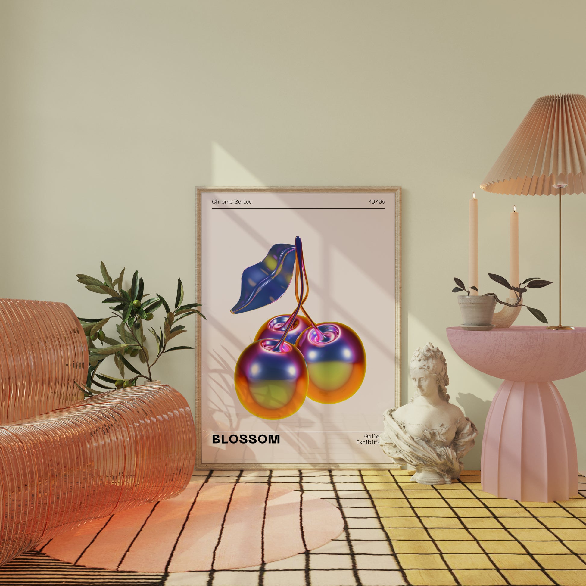 Metallic Cherry Wall Art, Vibrant Chrome Holographic Poster, Funky Home Decor, Modern Minimalistic Illustration, Trendy Aesthetic Gallery