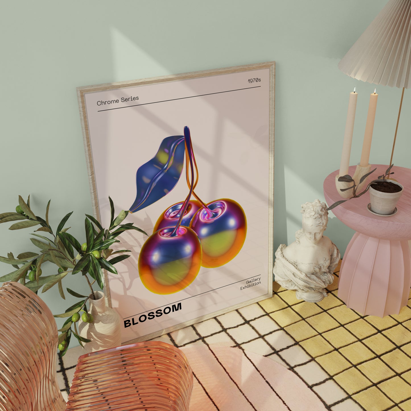 Metallic Cherry Wall Art, Vibrant Chrome Holographic Poster, Funky Home Decor, Modern Minimalistic Illustration, Trendy Aesthetic Gallery
