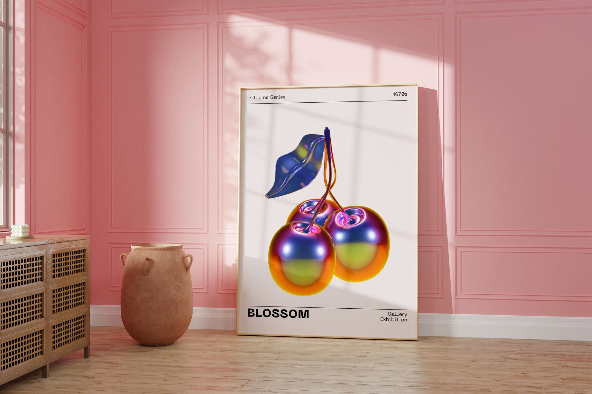 Metallic Cherry Wall Art, Vibrant Chrome Holographic Poster, Funky Home Decor, Modern Minimalistic Illustration, Trendy Aesthetic Gallery