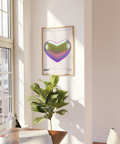 Metallic Heart Wall Decor, Vibrant Chrome Holographic Poster, Funky Home Decoration, Playful Illustration Print, Trendy Aesthetic Exhibition