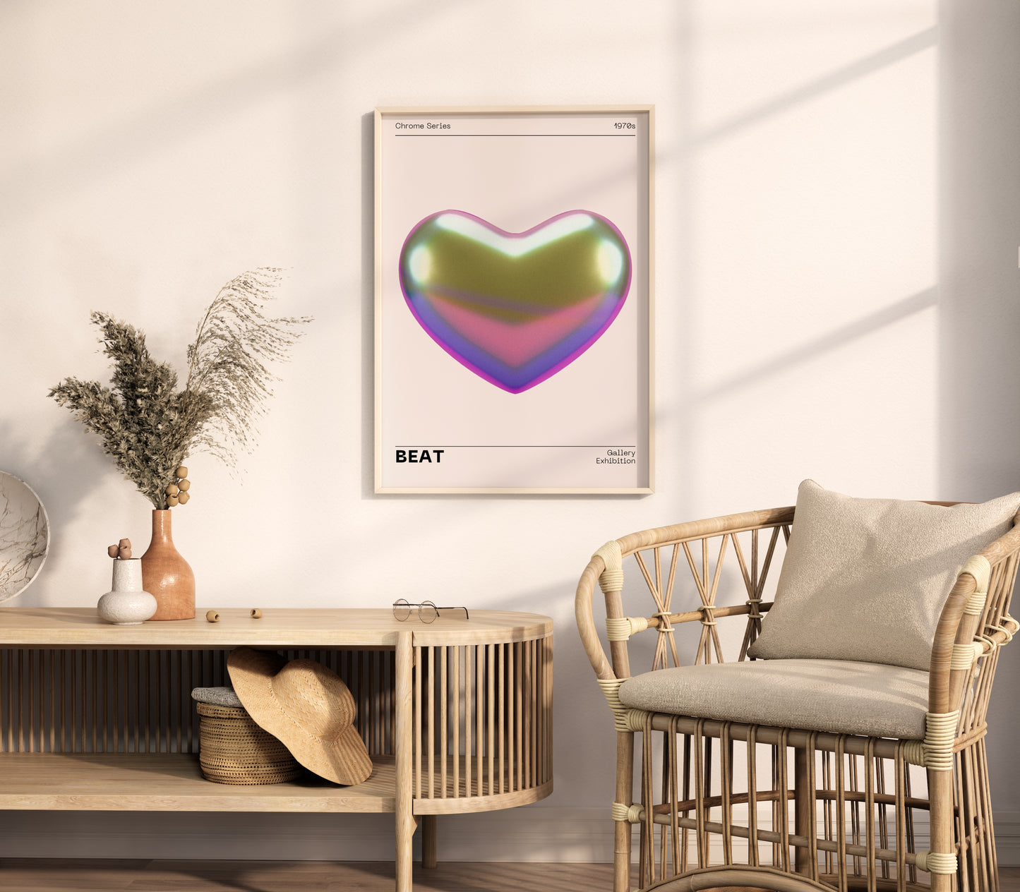 Metallic Heart Wall Decor, Vibrant Chrome Holographic Poster, Funky Home Decoration, Playful Illustration Print, Trendy Aesthetic Exhibition