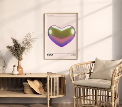 Metallic Heart Wall Decor, Vibrant Chrome Holographic Poster, Funky Home Decoration, Playful Illustration Print, Trendy Aesthetic Exhibition