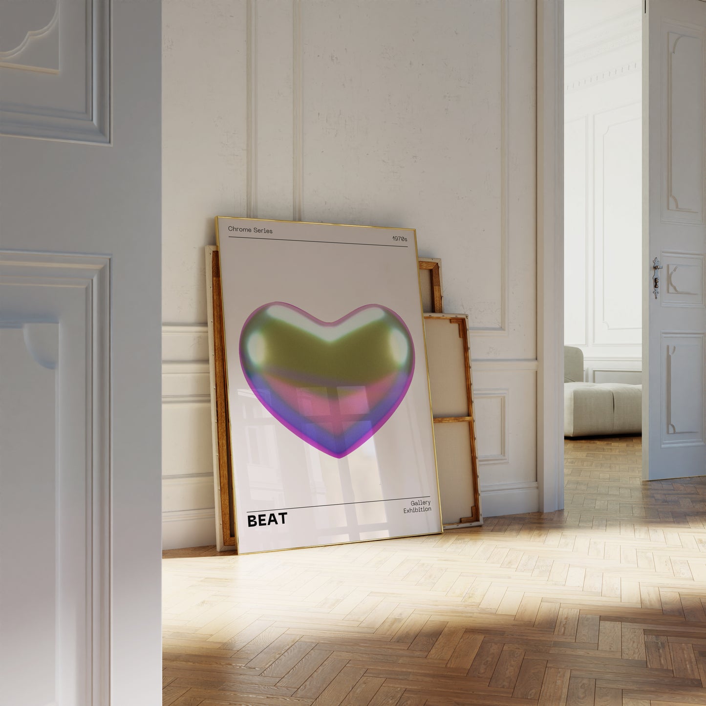 Metallic Heart Wall Decor, Vibrant Chrome Holographic Poster, Funky Home Decoration, Playful Illustration Print, Trendy Aesthetic Exhibition