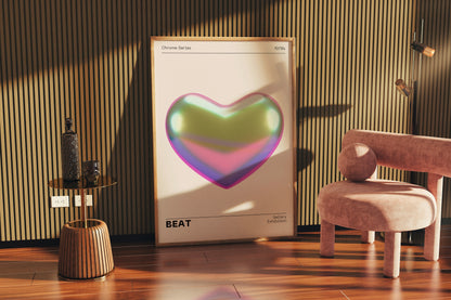 Metallic Heart Wall Decor, Vibrant Chrome Holographic Poster, Funky Home Decoration, Playful Illustration Print, Trendy Aesthetic Exhibition