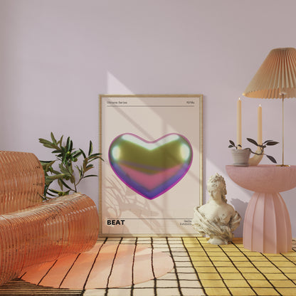 Metallic Heart Wall Decor, Vibrant Chrome Holographic Poster, Funky Home Decoration, Playful Illustration Print, Trendy Aesthetic Exhibition