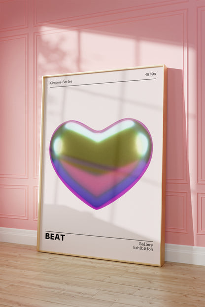 Metallic Heart Wall Decor, Vibrant Chrome Holographic Poster, Funky Home Decoration, Playful Illustration Print, Trendy Aesthetic Exhibition
