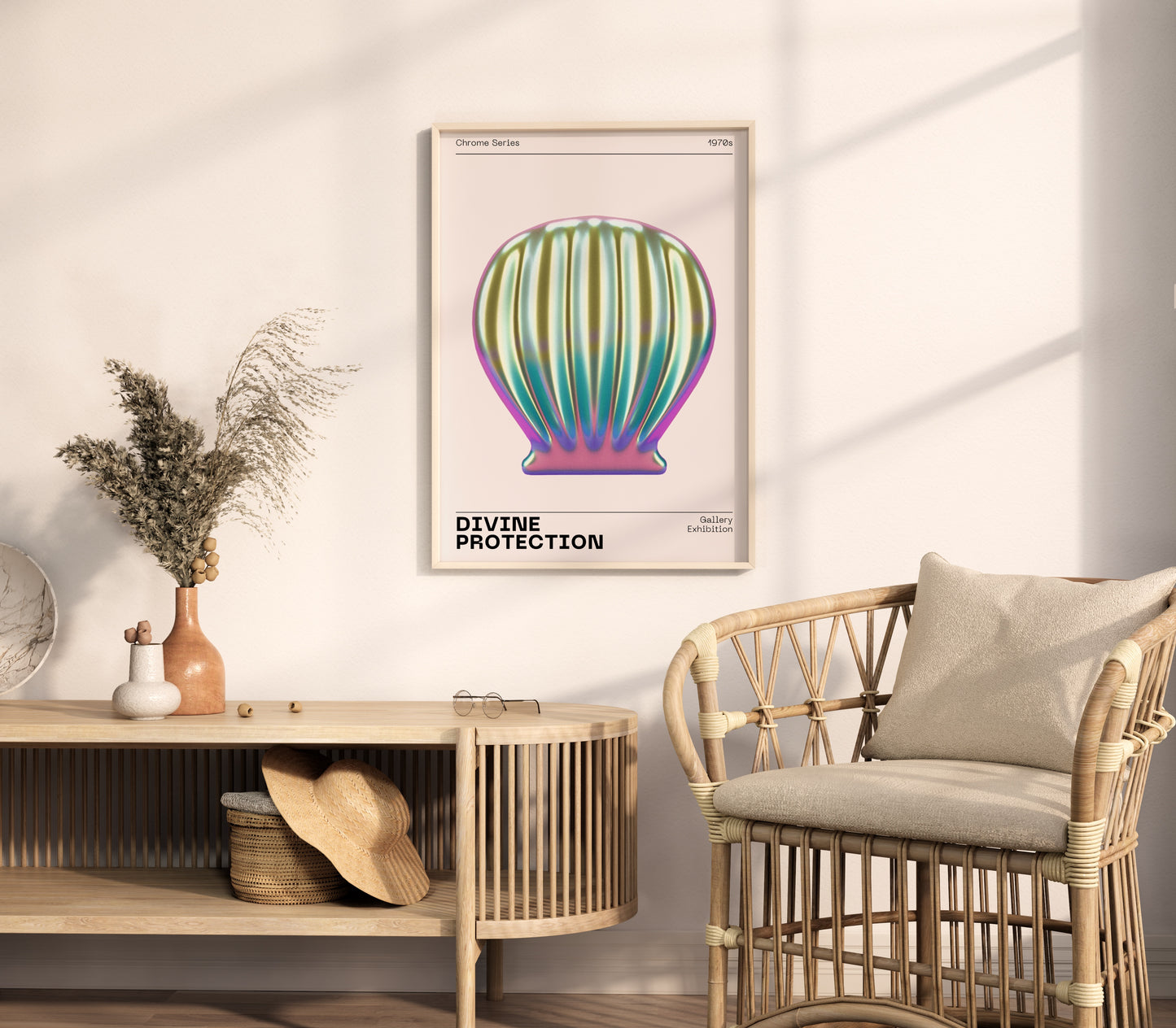 Metallic Sea Shell Wall Art, Vibrant Chrome Print, Modern Holographic Museum Poster, Unique Eclectic Home Decor, Futuristic Illustration