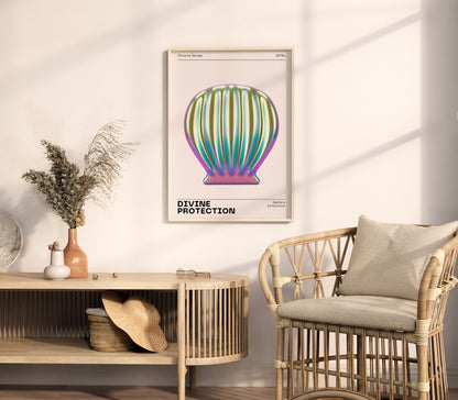 Metallic Sea Shell Wall Art, Vibrant Chrome Print, Modern Holographic Museum Poster, Unique Eclectic Home Decor, Futuristic Illustration