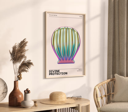 Metallic Sea Shell Wall Art, Vibrant Chrome Print, Modern Holographic Museum Poster, Unique Eclectic Home Decor, Futuristic Illustration