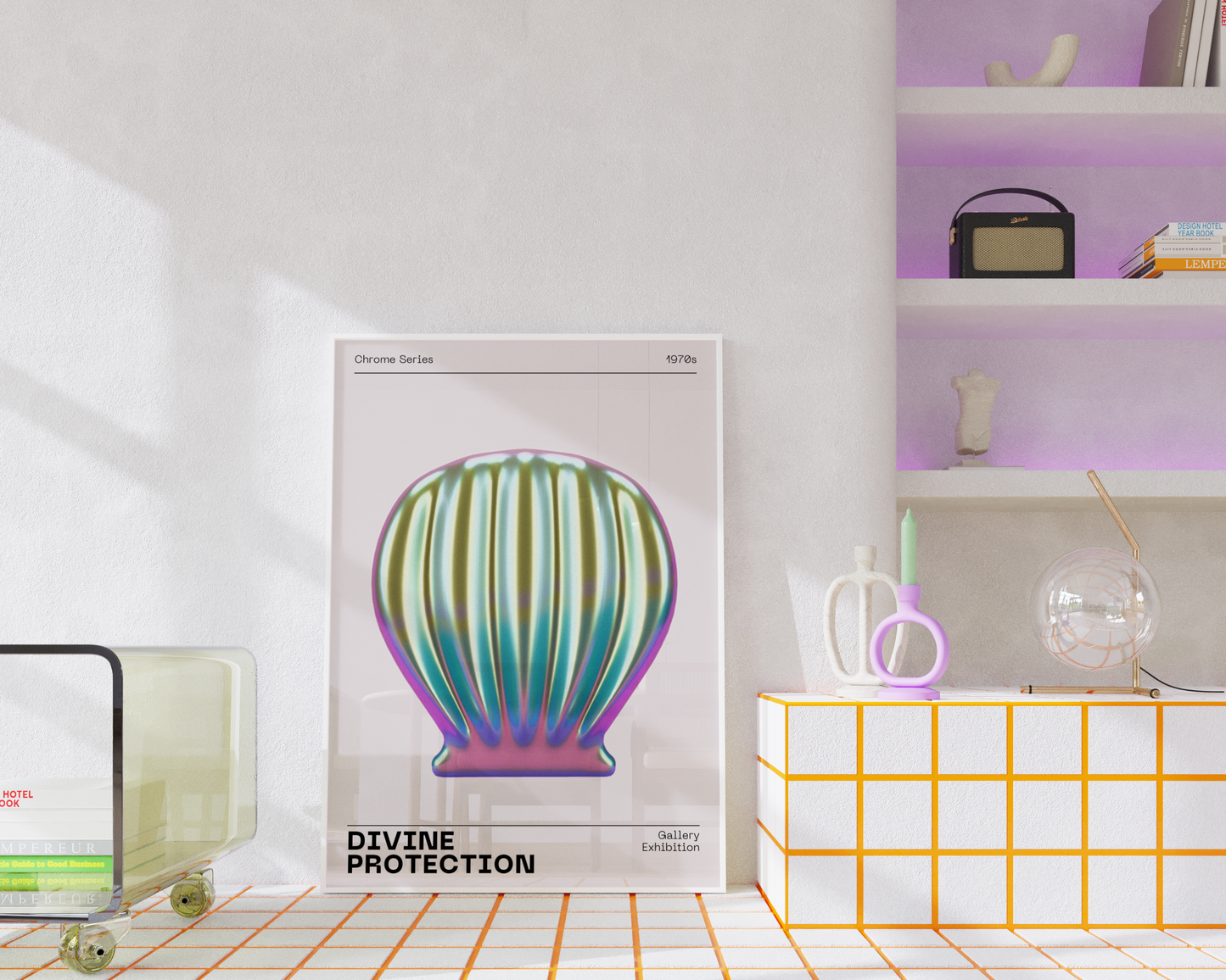 Metallic Sea Shell Wall Art, Vibrant Chrome Print, Modern Holographic Museum Poster, Unique Eclectic Home Decor, Futuristic Illustration