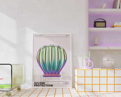Metallic Sea Shell Wall Art, Vibrant Chrome Print, Modern Holographic Museum Poster, Unique Eclectic Home Decor, Futuristic Illustration