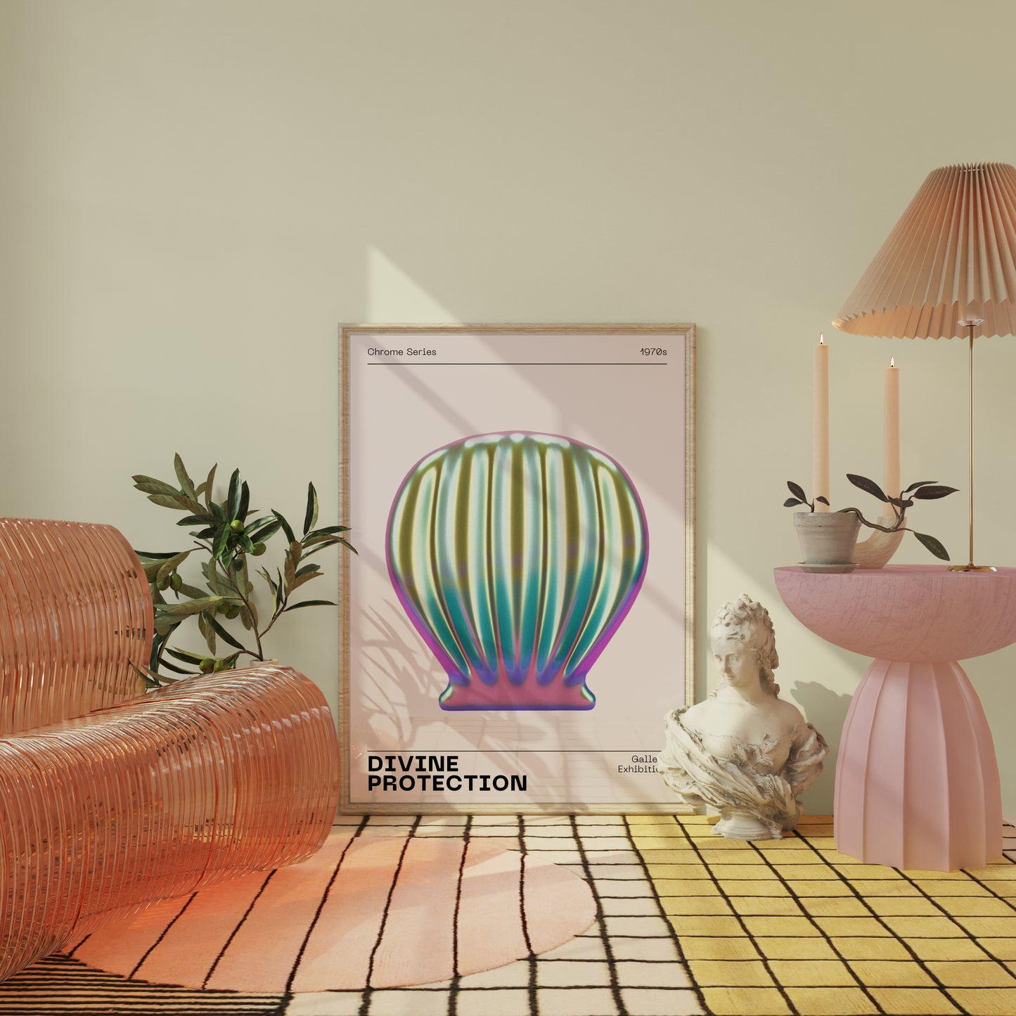 Metallic Sea Shell Wall Art, Vibrant Chrome Print, Modern Holographic Museum Poster, Unique Eclectic Home Decor, Futuristic Illustration