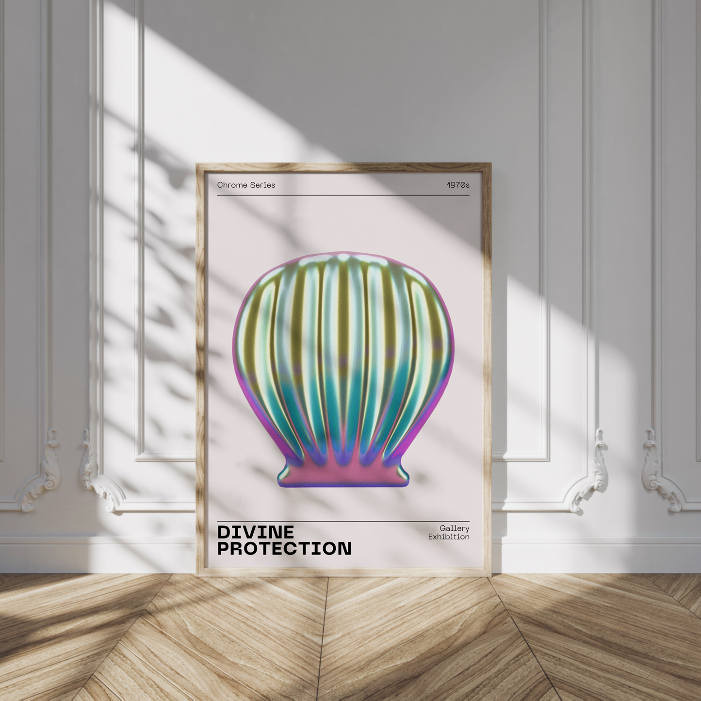 Metallic Sea Shell Wall Art, Vibrant Chrome Print, Modern Holographic Museum Poster, Unique Eclectic Home Decor, Futuristic Illustration