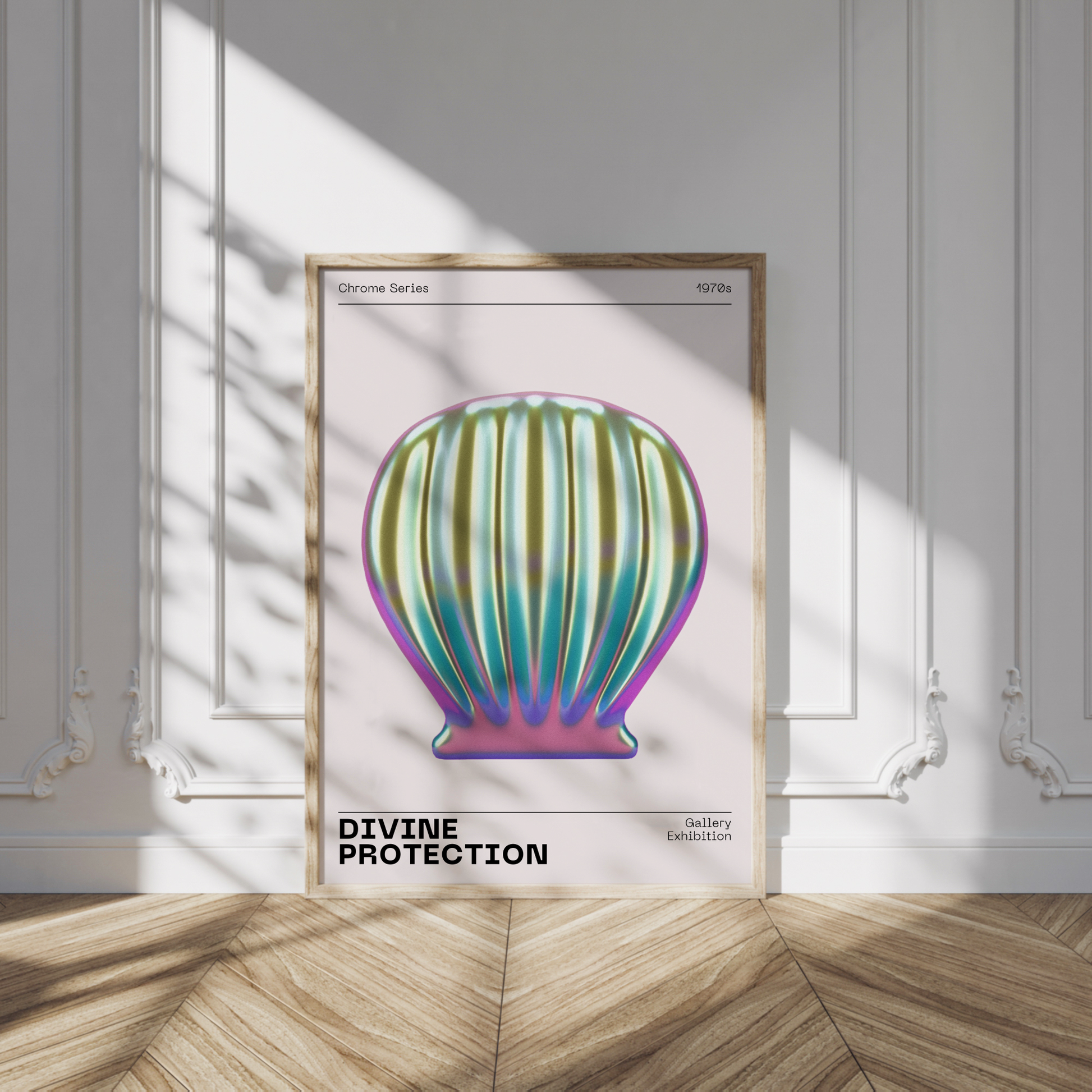 Metallic Sea Shell Wall Art, Vibrant Chrome Print, Modern Holographic Museum Poster, Unique Eclectic Home Decor, Futuristic Illustration