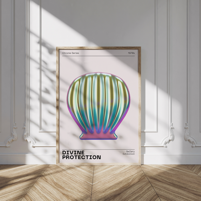 Metallic Sea Shell Wall Art, Vibrant Chrome Print, Modern Holographic Museum Poster, Unique Eclectic Home Decor, Futuristic Illustration