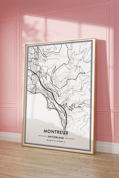 Montreux Switzerland City Map Wall Art, Modern Black & White Poster, Minimalist Swiss Travel Print, Trendy Aesthetic Home Decor, Gallery Art