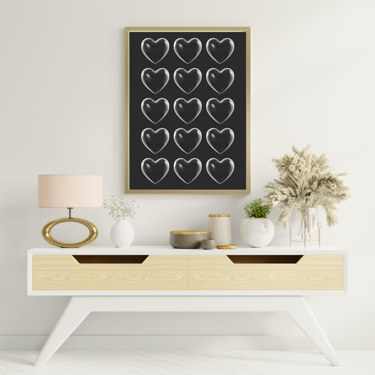 Heartfelt Contrast: Black Poster with Transparent Hearts – A Bold Minimalist Piece for Your Home