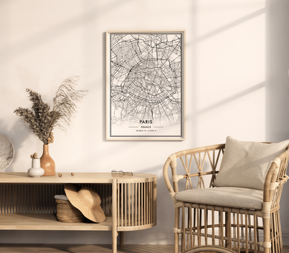Paris France City Map Wall Art, Stylish Modern Black & White Print, Contemporary Elegant Home and Office Decor, French Minimal Travel Poster