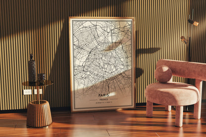 Paris France City Map Wall Art, Stylish Modern Black & White Print, Contemporary Elegant Home and Office Decor, French Minimal Travel Poster