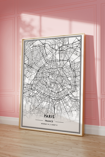 Paris France City Map Wall Art, Stylish Modern Black & White Print, Contemporary Elegant Home and Office Decor, French Minimal Travel Poster