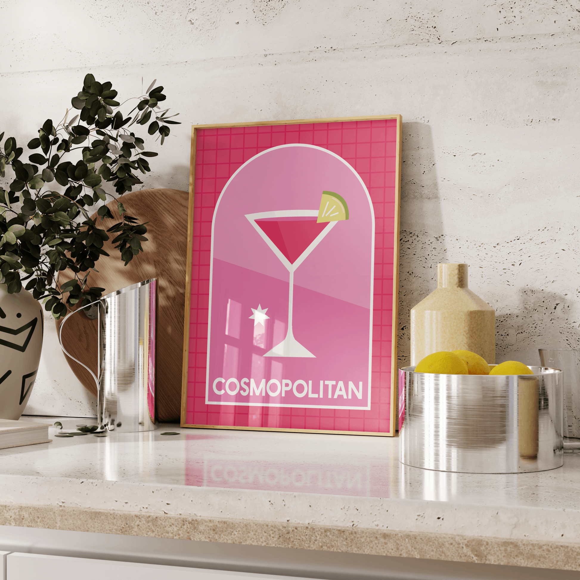 Retro Cocktail Wall Art, Cosmopolitan Drink Print, Pink Alcohol Bar Cart Poster, Eclectic Kitchen Aesthetic, Modern Minimalist Trendy Decor