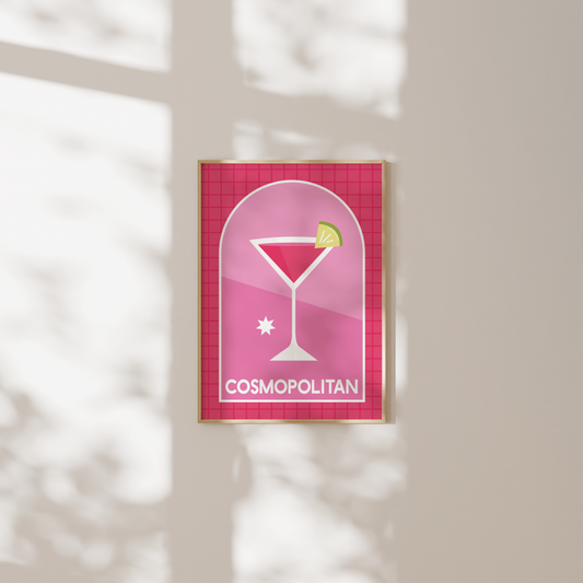 Retro Cocktail Wall Art, Cosmopolitan Drink Print, Pink Alcohol Bar Cart Poster, Eclectic Kitchen Aesthetic, Modern Minimalist Trendy Decor
