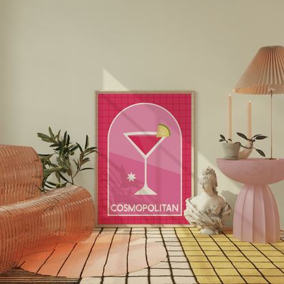 Retro Cocktail Wall Art, Cosmopolitan Drink Print, Pink Alcohol Bar Cart Poster, Eclectic Kitchen Aesthetic, Modern Minimalist Trendy Decor