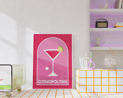 Retro Cocktail Wall Art, Cosmopolitan Drink Print, Pink Alcohol Bar Cart Poster, Eclectic Kitchen Aesthetic, Modern Minimalist Trendy Decor