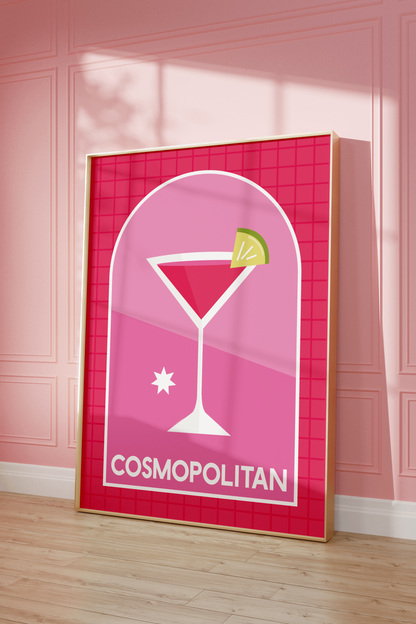 Retro Cocktail Wall Art, Cosmopolitan Drink Print, Pink Alcohol Bar Cart Poster, Eclectic Kitchen Aesthetic, Modern Minimalist Trendy Decor