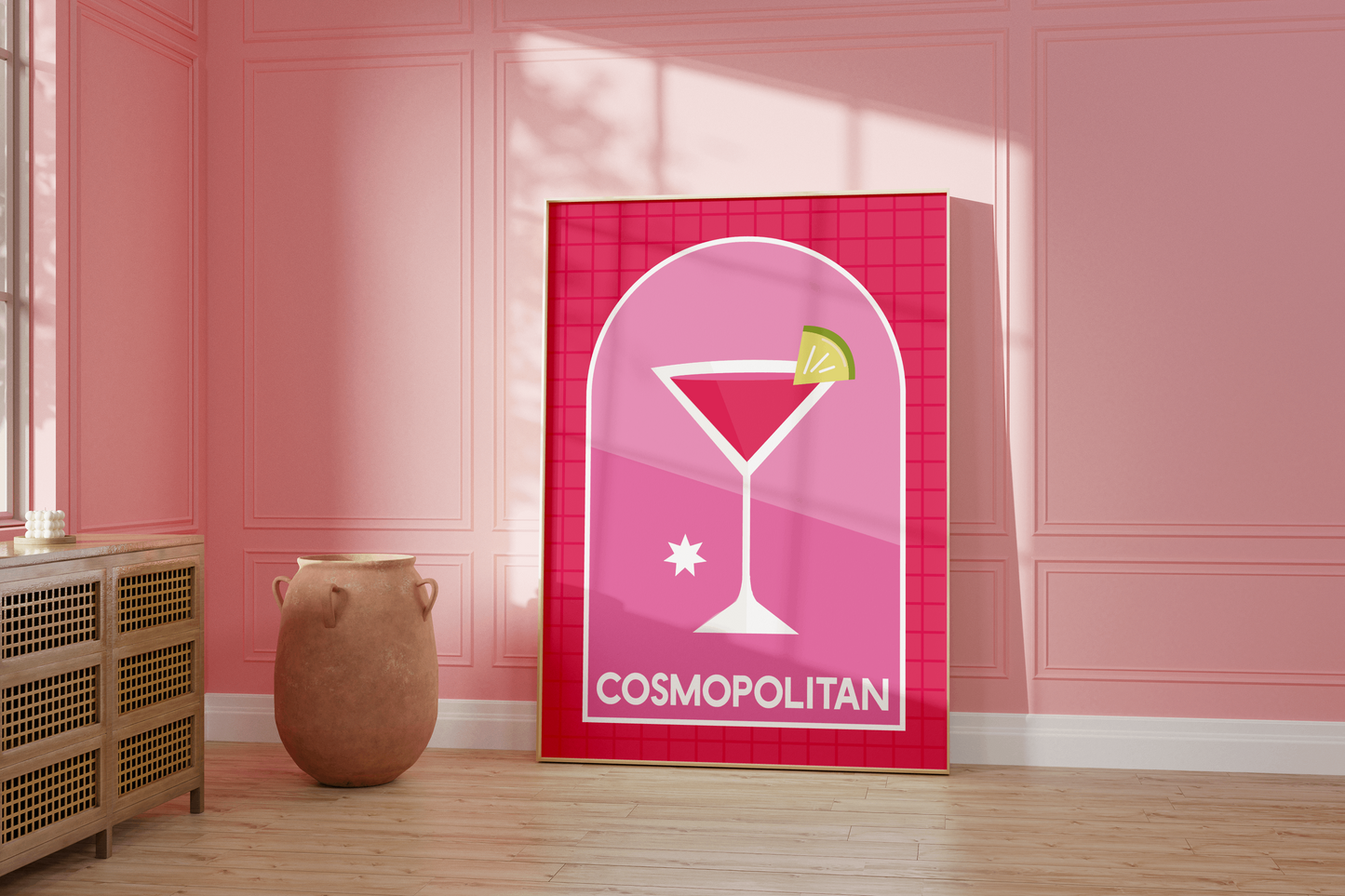 Retro Cocktail Wall Art, Cosmopolitan Drink Print, Pink Alcohol Bar Cart Poster, Eclectic Kitchen Aesthetic, Modern Minimalist Trendy Decor