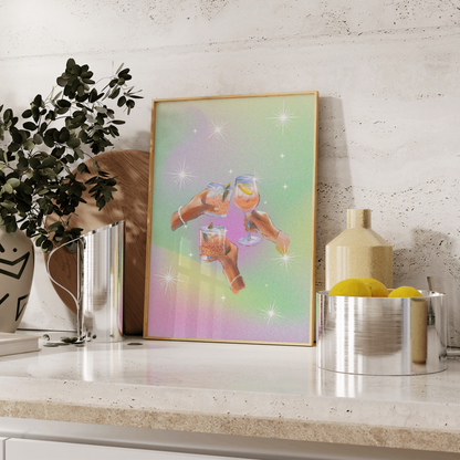 Retro Cocktails Wall Art, Pastel Gradient Aesthetic, Alcohol & Drinks Grainy Print, Bar Car Printable, Retro Vintage Illustration 2 Versions