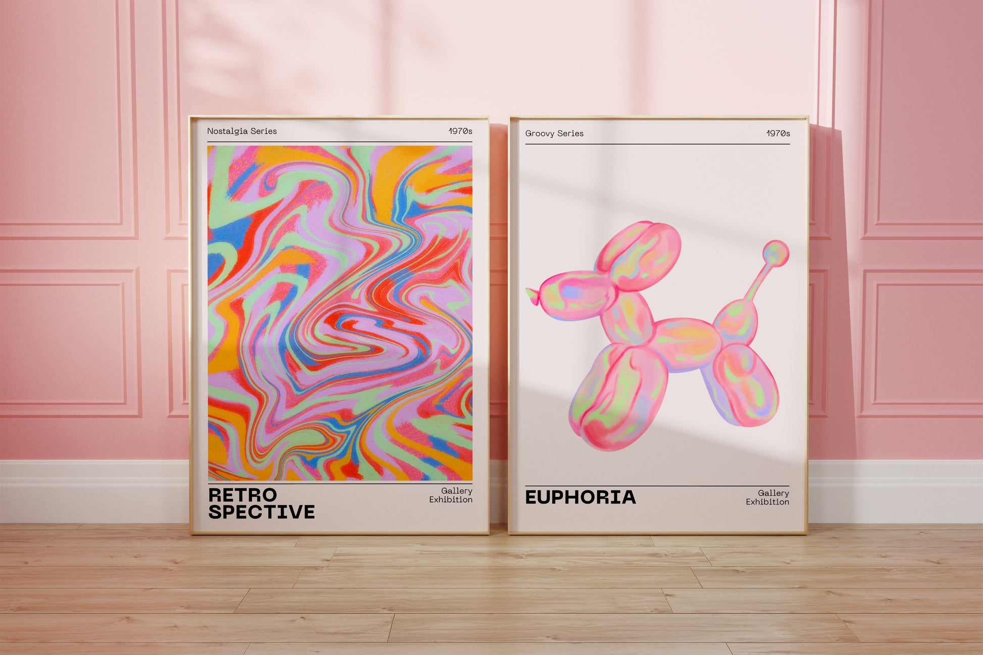Gallery Wall Art Set Of 2 Prints, Retro Abstract Aura Gradient Poster, 70s Aesthetic, Vintage Euphoria Pastel Print, Trendy Holographic Set - Digital Art Printables