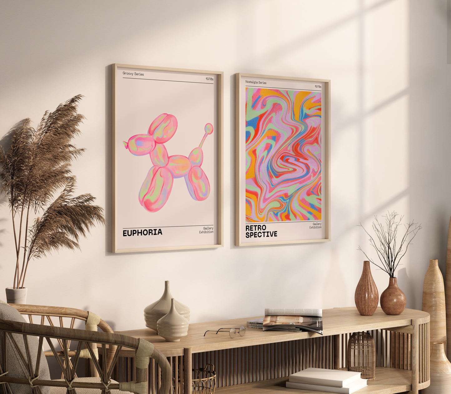 Gallery Wall Art Set Of 2 Prints, Retro Abstract Aura Gradient Poster, 70s Aesthetic, Vintage Euphoria Pastel Print, Trendy Holographic Set - Digital Art Printables