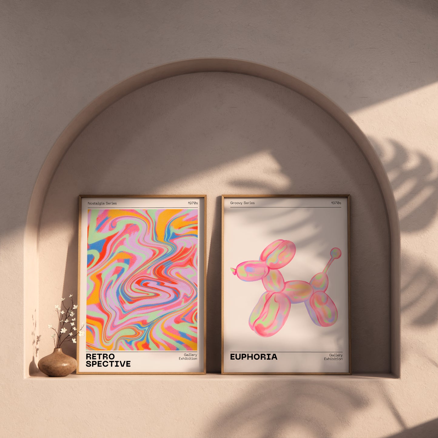 Gallery Wall Art Set Of 2 Prints, Retro Abstract Aura Gradient Poster, 70s Aesthetic, Vintage Euphoria Pastel Print, Trendy Holographic Set - Digital Art Printables
