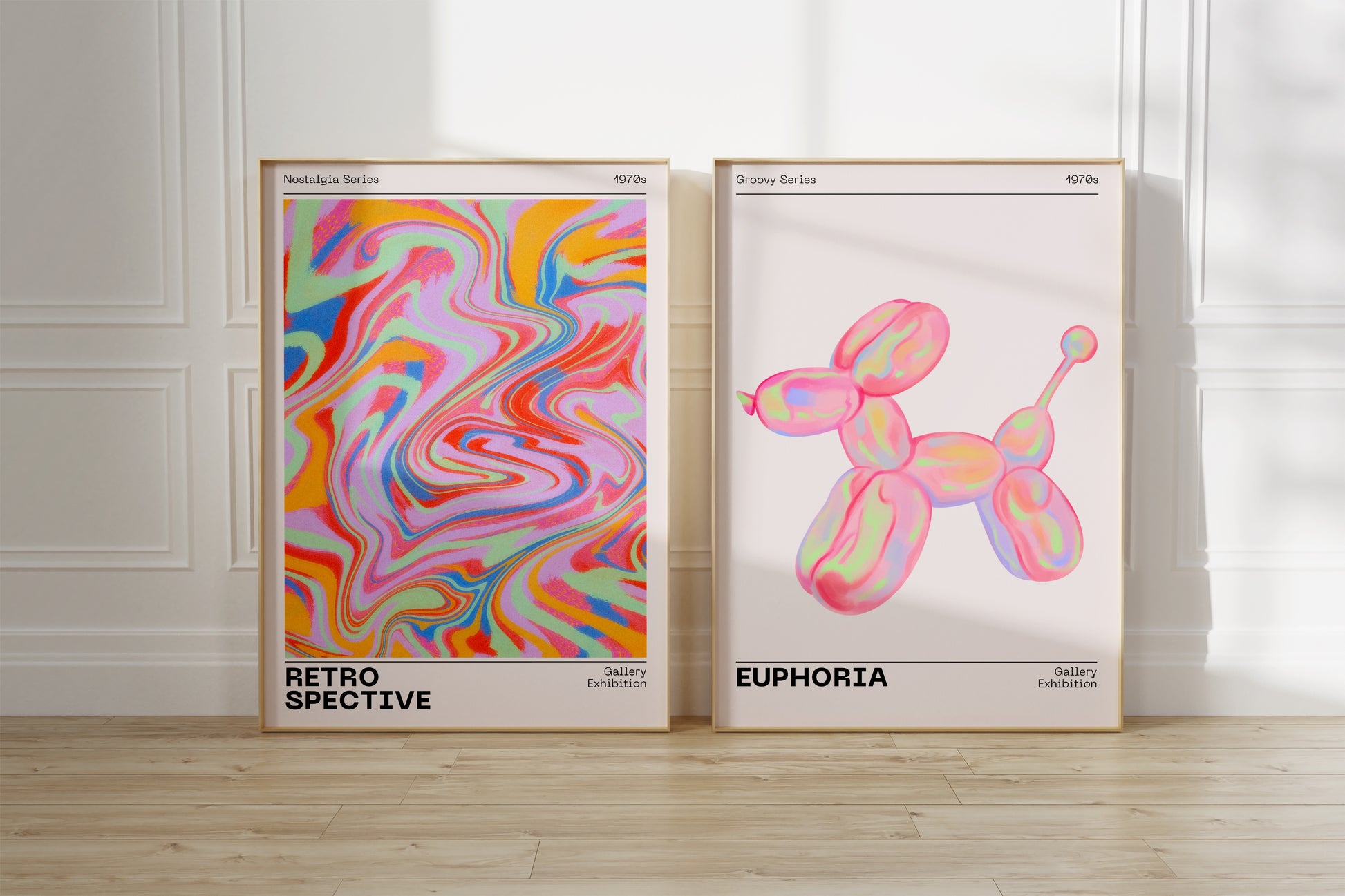 Gallery Wall Art Set Of 2 Prints, Retro Abstract Aura Gradient Poster, 70s Aesthetic, Vintage Euphoria Pastel Print, Trendy Holographic Set - Digital Art Printables