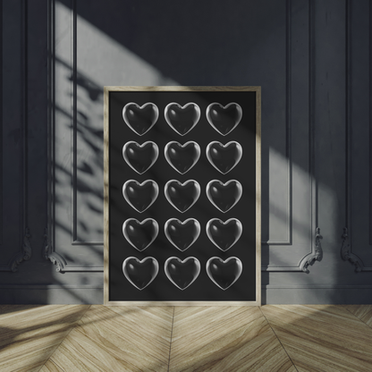 Heartfelt Contrast: Black Poster with Transparent Hearts – A Bold Minimalist Piece for Your Home