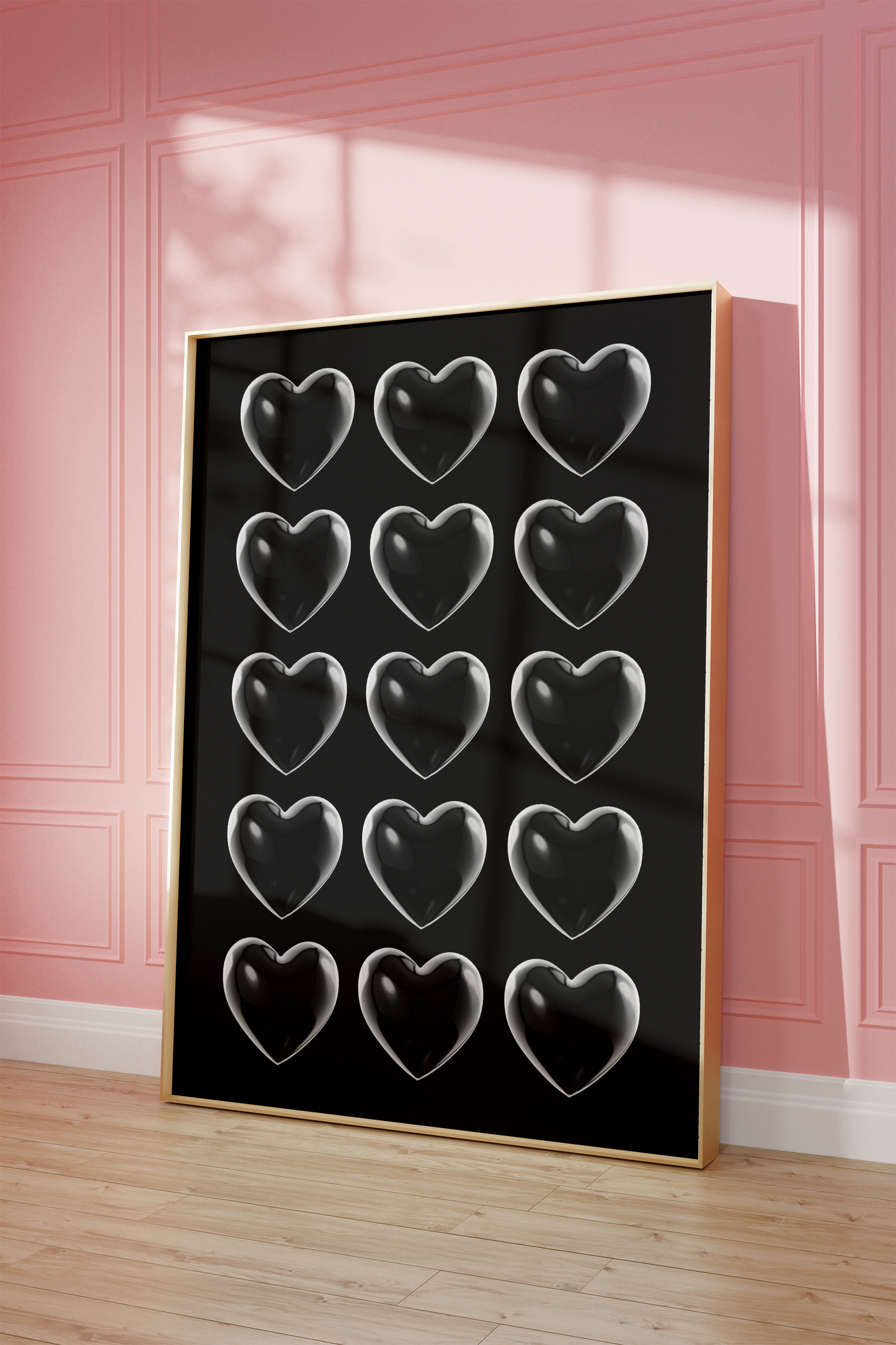 Heartfelt Contrast: Black Poster with Transparent Hearts – A Bold Minimalist Piece for Your Home