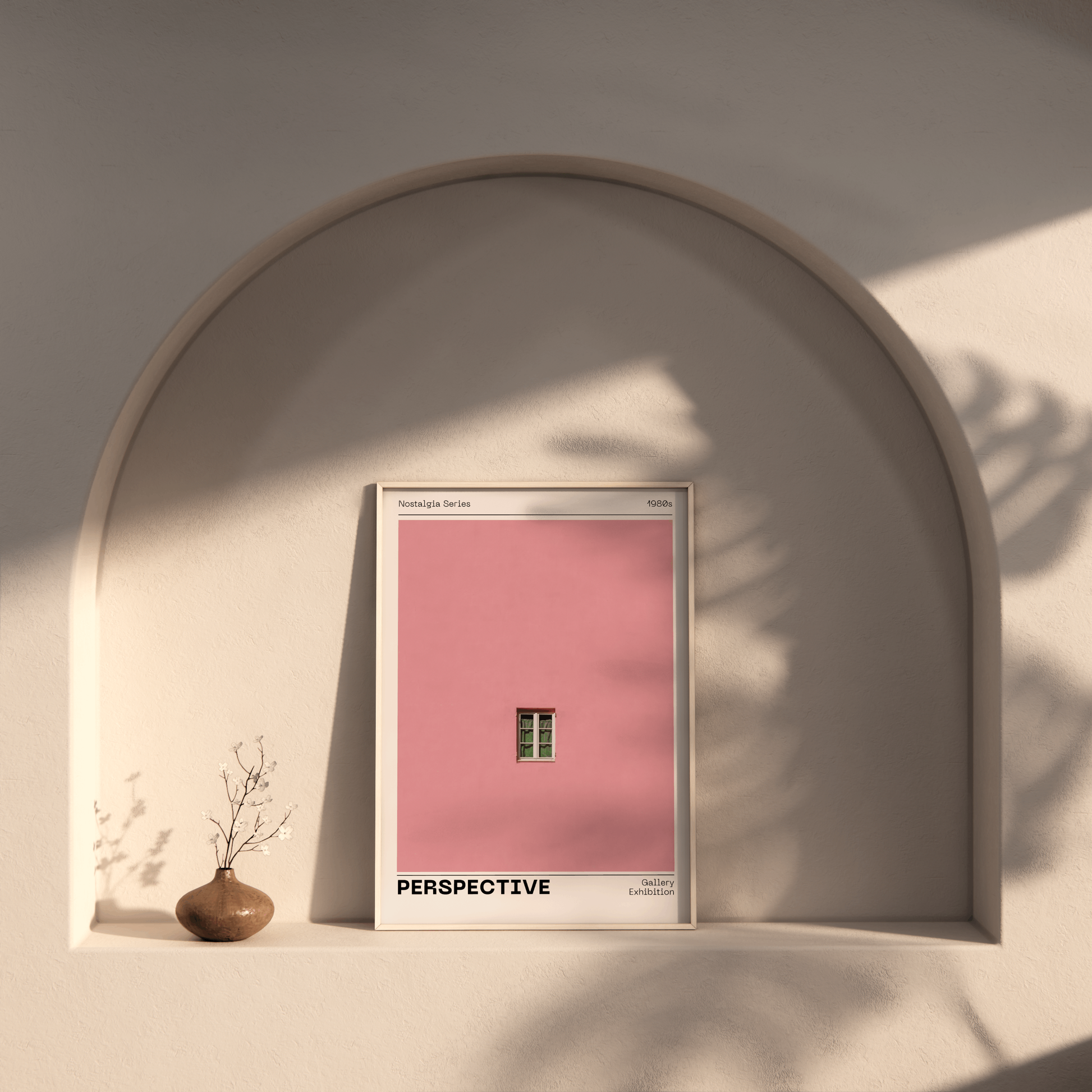 Pink Wall Poster 'Perspective', Trendy Minimalistic Wall Art, Window Print, Nostalgic Retro Print with Modern Twist, Aesthetic Home Decor